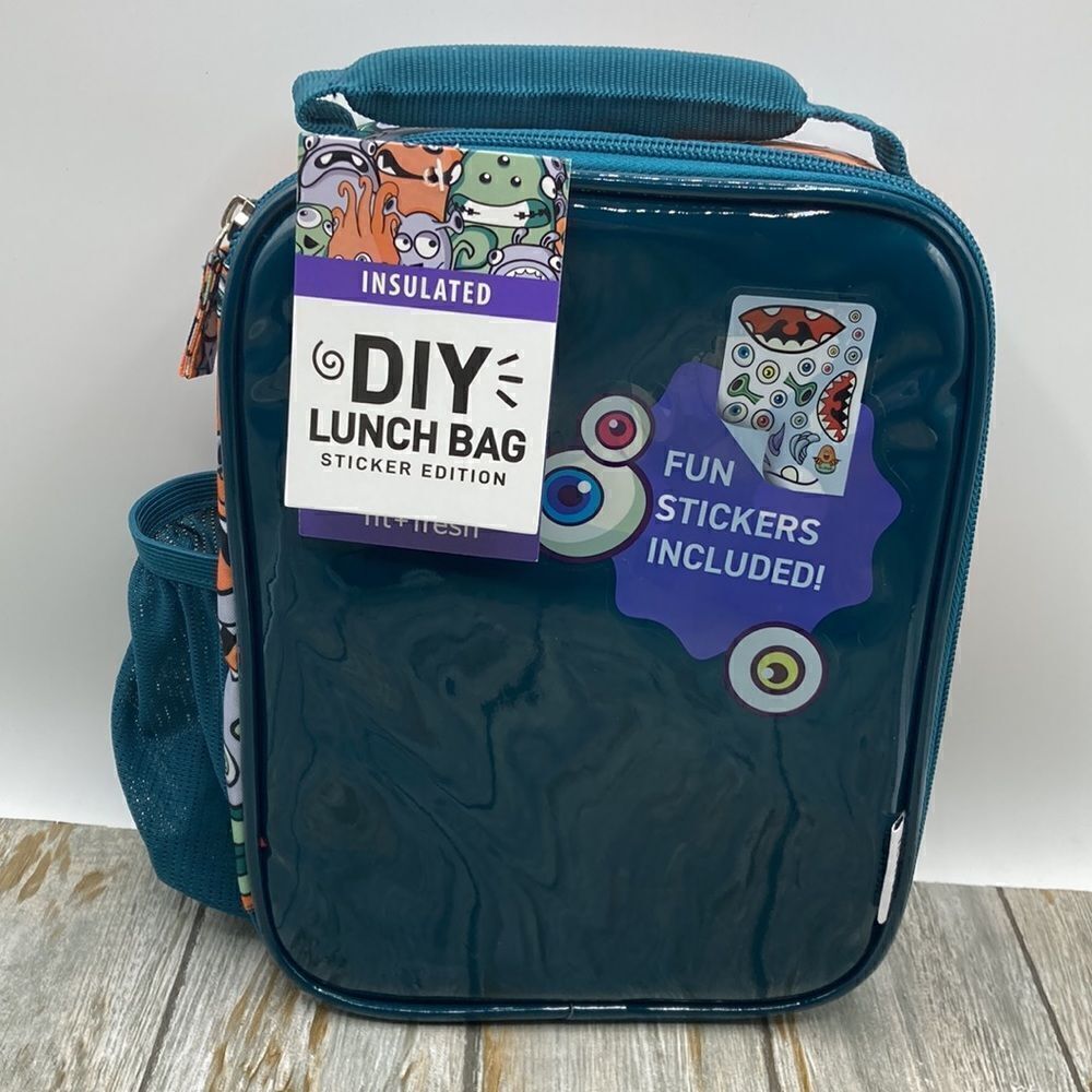 Fit & Fresh Insulated DIY Sticker Lunch Bag Teal Soft Sided Reusable Lunch Bag